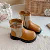 Botas curtas infantis color block estilo britânico, botas de couro de cano médio para meninas, botas Martin antiderrapantes para outono e inverno, botas de cano baixo estilosas para crianças mais velhas
