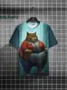 Camiseta com Estampa 3D de Gato Gordo Fofo Moda Verão Manga Curta Streetwear Tendência Casual Solta