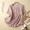 Tops de Linho Color-Block Estilo Coreano para Mulheres Primavera e Verão Camisas Brancas Baby Doll de Verão Tamanho Grande Camisas de Algodão e Linho Manga Curta Feminino Fino