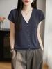 Verano Nuevo Suéter Cuello en V para Mujer Holgado Adelgazante Elegante Combinable Cárdigan de Manga Corta Multibotón Chaleco Camiseta Top