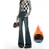 Laranja Infantil # Design de Bordado Quebra-Ossos Curvo Mais Jeans Veludo Bootcut para Mulheres Cintura Alta Elástico Emagrecedor Versátil Calças Flare