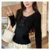 Outono e Inverno 2025 Estilo Coreano Estilo Puro Lustre Renda Costurada Decote V Laço Camisa de Camada Interna Top Slim Nicho Ins