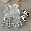 Conjunto de Chaleco de Dibujos Animados para Bebé 2026 Verano Nuevo Estilo Top sin Mangas para Bebé Conjunto de Dos Piezas a Cuadros de Manga Corta