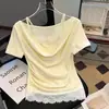 Camiseta de Manga Corta para Mujer, Nuevo Estilo Verano 2026, Estilo Francés Pura Pasión, Empalme de Encaje, Top Corto Ajustado, Moderno