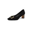 Sapatos de estilo francês para viajante, bico quadrado, boca rasa, camada única, novos e elegantes, sapatos de fivela quadrada, vinho, vermelho, camurça de ovelha, salto médio grosso, sapatos femininos