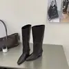 Botas de cuero de tacón de cuña y punta cuadrada de caña alta sin cordones 2026 otoño/invierno estilo vintage para ir al trabajo, botas de jinete hasta la rodilla