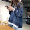 Sudadera Casual Gruesa de Forro Polar para Estudiantes Femeninas, Estilo Coreano de Dos Piezas Falsas, Manga Larga, para Primavera y Otoño, Cangrejo de Cinco Paneles, Top Único
