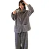 1216 Otoño Invierno Nuevo Conjunto de Pijama de Terciopelo Jaspeado con Solapa y Botones para Mujer Terciopelo Plus Engrosado Cálido de Invierno Ropa de Casa