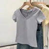 Al por mayor Transfronterizo Verano 210g 40 Unidades Hilo de Algodón Cuello en V Hombro Derecho Ajustado Manga Corta Camiseta Mujer Talla Grande Top