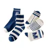 Calcetines de Media Caña de Algodón Peinado Azul Nuevo de Primavera y Verano para Mujer ins Modernos Estilo Coreano con Letra M Rayados Japoneses para Pareja