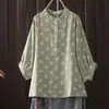 Camisa Estampada de Manga Curta com Decote V e Mangas Morcego Três Quartos Estilo Japonês para Mulheres, Verão Manga Larga Gaze de Algodão Dupla Camada Atacado