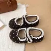 Zapatos Birkenstock de felpa con tacón oculto de lunares para mujer 2026 Otoño/Invierno nuevo estilo encaje cinta mágica cálidos para ir al trabajo zapatos de algodón
