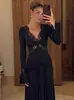Amazon Transfronterizo Estilo Popular para Mujer Cuello en V Encaje Borde Delgado Largo Manga Loto Empalme Vestido de Tirantes