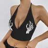Camisola gótica exclusiva transfronteriza con estampado de calavera en la mano, cuello halter, cuello en V, espalda con cordones, sin mangas, corte ajustado para mujer