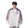 Nueva chaqueta deportiva casual de bloques de color para hombre, adecuada para primavera y otoño, con mangas raglán, diseño a rayas, cuello alto, corte holgado y hombros caídos