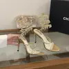 Sandálias Romanas de Salto Alto com Franjas de Cristal Verão Novo Sexy Bico Aberto Enroladas em Forma de Cobra com Strass Uma Tira