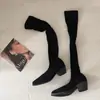 Moda botines de punto de alta elasticidad con tacón grueso, hasta la rodilla, que alargan las piernas, estilo coreano otoño e invierno, de tacón alto, punta fina, adelgazantes, moda