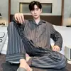 Se Puede Enviar en Nombre de Pijama de Algodón Puro de Manga Larga para Hombre de Primavera y Otoño, Ropa de Casa, Rayas con Cuello de Solapa, Talla Grande, Holgado y Se Puede Usar Afuera
