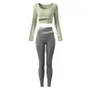 Conjunto de Yoga Otoño 2026 para Mujer Ajustado Manga Larga Top Corto Cintura Cruzada Bloque de Color Pantalones Largos de Cintura Alta Ropa Profesional para Fitness