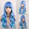 Ventas Directas de Fábrica de Pelucas de Cabello Largo Ondulado y Rizado, Popular Jiafa de Color Azul Mezclado con Flequillo para Mujeres Europeas y Americanas