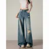 Jeans de Pierna Ancha de Tiro Bajo Estilo Chica Picante Americana para Mujer Verano/Otoño 2026 Nuevos Sueltos Adelgazantes Versátiles Rasgados de Longitud Completa