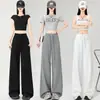 Foto Real de Pantalones Anchos de Capa de Aire para Mujer Primavera/Verano 2025 Cintura Alta Fluidos Adelgazantes Cordón Pierna Recta Deportivos de Longitud Completa