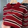 Camisa polo de malha listrada color block de manga curta estilo coreano para mulheres 2025 verão nova elegante slim-fit modeladora top tendência