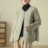 Fotos reais de uma jaqueta acolchoada, leve, gola redonda, de algodão fino - uma peça de outer wear feminina estilo japonês para outono e inverno