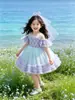 Vestido de princesa floral colorido de comercio exterior al por mayor para niñas pequeñas, vestido de cumpleaños sin hombros, atuendo para actuación de baile, en stock