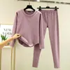 Nuevo Conjunto de Dos Piezas para Mujer de Otoño e Invierno - Camiseta Térmica de Manga Larga con Cuello Redondo y Dobladillo Curvo + Pantalones Elásticos Ajustados de Manga Larga con Cuello Redondo y Dobladillo Curvo