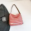 Bolsa de Lona Listrada Simples de Grande Capacidade Feminina Estilo Artístico Preguiçoso Ins Primavera Verão Bolsa de Compras Bolsa de Mão Bolsa Grande de Ombro Único
