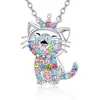 Colar de corrente para clavícula com pingente de gato de cor fofa e diamantes, joia simples feminina, animal de desenho animado europeu e americano