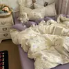 Juego de cuatro piezas de algodón acolchado de doble capa de gasa, amigable con la piel y suave, funda de edredón, sábana para cama de dormitorio de estudiante, juego de tres piezas para dormitorio