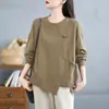 Camiseta de Tallas Grandes para Chica Gordita Estilo Coreano Cuello Redondo para Mujer Primavera y Otoño Holgada Adelgazante Estilo Nacional Hebilla Dobladillo Irregular Sudadera Casual