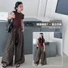 Conjunto de Verano Estilo Old Money para Niñas 2026 Nuevo Estampado Retro Algodón Lino Casual Pantalones de Pierna Ancha Top Ajustado Moderno