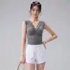 Conjunto de Yoga sin Mangas con Cuello en V Retorcido para Mujer, Corte Entallado que Adelgaza con Cintura Fruncida, Adecuado para Fitness, Running, Entrenamiento y Yoga Deportivo