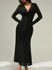 Novo Estilo de Comércio Exterior Elegante e Sexy Moda Slim-Fit Decote em V Profundo Franzido Cor Sólida Elegante Vestido de Noite Vestido de Manga Longa para Mulheres