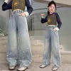 Jeans para Niña 2026 Nuevo Primavera Pantalones de Pierna Ancha Estilosos y de Moda para Niños Pantalones Rectos Brillantes con Pedrería Exquisita