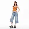 Pantalones Cortos de Verano en Stock, Moda Tendencia Estilo Americano de Pierna Ancha, Pantalones Vaqueros Capris Sueltos de Longitud Media para Mujer, Estilo Americano