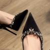 Zapatos de Salón Sexy Negros Franceses 2024 Nueva Moda Enmarcados Boca Baja Puntiagudos Pedrería Tacones Altos para Mujer