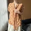2026 Primavera e Verão Novo Estilo Georgette Decote V Manga Curta Fita Estampa de Bolinhas Dupla Face Caimento Solto Camisa Base Top