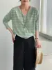 Suéter de Punto a Rayas Cuello en V Estilo Coreano No Devoluble Top Versátil Adelgazante para Mujer Y1494