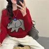 Estilo Preguiçoso Solto Macio Ceroso Elefante Bordado Gola Redonda Suéter Malha Feminino Outono Inverno Nova Era Redutor de Idade Top de Malha
