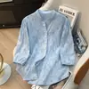 Camisa de Verano Nuevo Estilo Color Albaricoque de Manga Corta con Cuello en V para Mujer con Diseño Bordado Hueco, Moderna y Juvenil