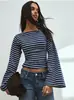 Wish Transfronterizo Amazon 2026 nueva moda para mujer: cómoda blusa/camiseta de rayas con cuello redondo, manga acampanada, efecto adelgazante, estilo europeo y americano