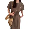 Vestido de Verano 2025 Dongdaemun Corea del Sur Moda Elegante de Oficina Cuello Redondo Cintura con Cordón Manga Corta para Mujer