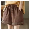 Shorts de Lino Retro de Pierna Ancha para Mujer, Estilo Delgado de Verano, Cintura Elástica, Con Cordones, Calados, Pantalones Rectos Casuales de Algodón y Lino