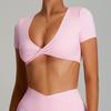 Europeu e Americano Sexy Sem Costas Yoga Manga Curta Feminina Nua Justa Fitness Esportes Camiseta Secagem Rápida Roupa Exterior Top de Yoga
