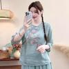 Estilo Verão Novo Estilo Étnico Retrô Manga Curta Gola Redonda Pulôver Top de Algodão e Linho Camiseta Bordada Exquisita Dopamina