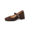 2026 Novo Estilo Suede Francês Salto Médio Bloco Confortável Bico Quadrado Raso Sapatos Mary Jane
